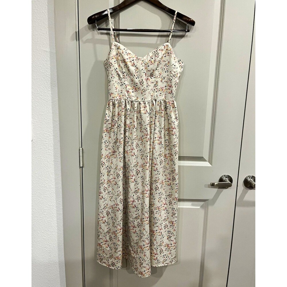 SHEIN White Floral Sweetheart Smocked Spaghetti Strap Midi Sundress M 0095
